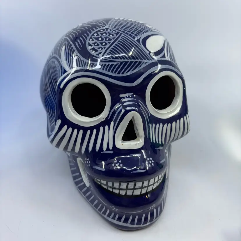 Cobalt Large Mexican Talavera Sugar Skull 7”