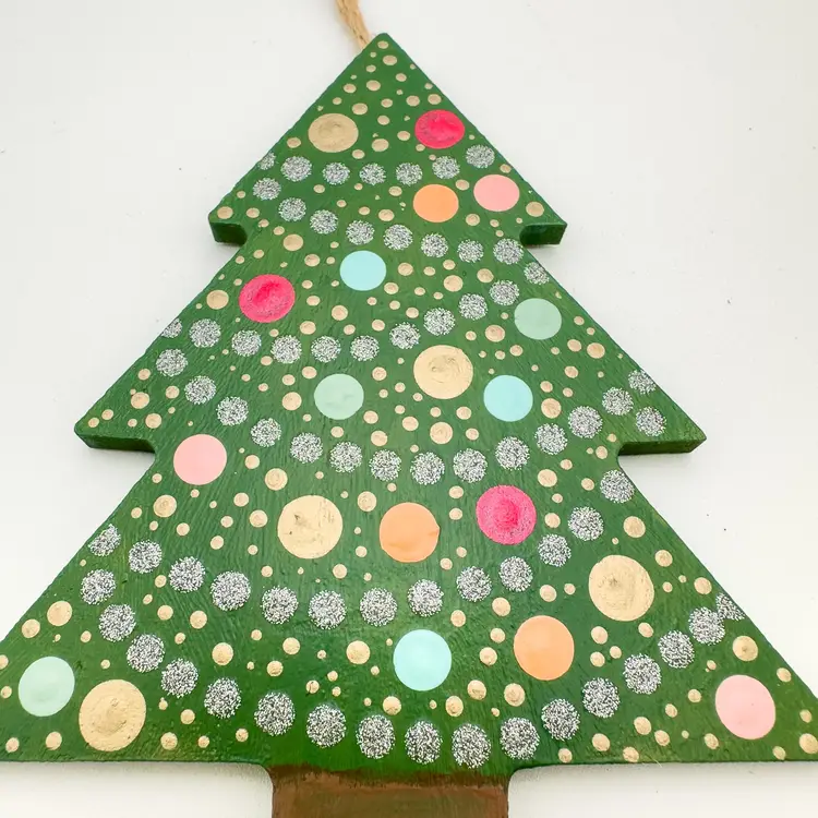 Christmas Tree Hand Painted Wood Ornament 5"H 4"W