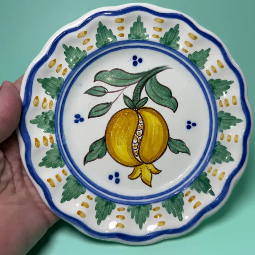 Vintage 7" Hand Painted Italian Art Pottery Pomegranate Hang Wall Plate Signed