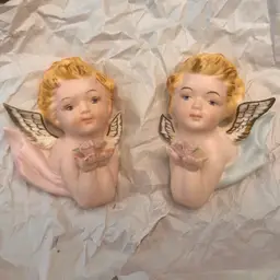 2 Vintage Norcrest Angel Cherub Ceramic Wall Hanging Pink Girl Blue Boy Angelic