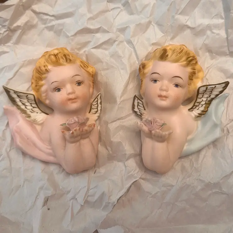2 Vintage Norcrest Angel Cherub Ceramic Wall Hanging Pink Girl Blue Boy Angelic
