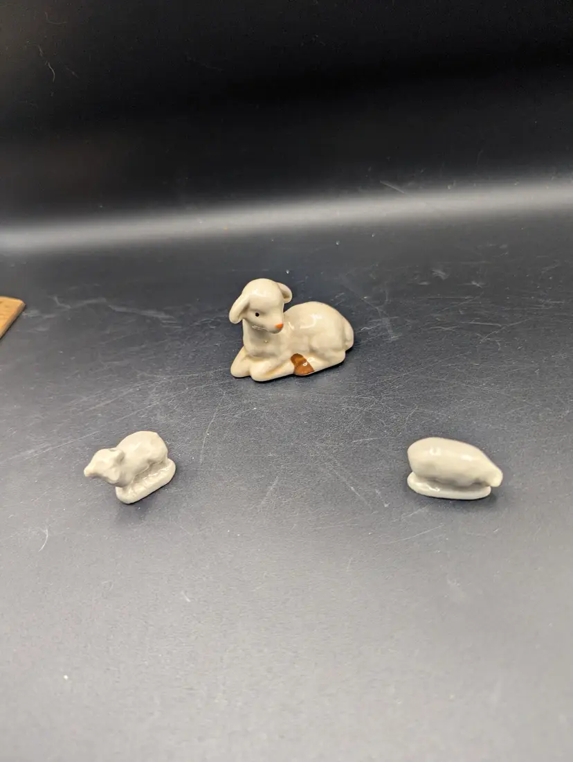 Vintage Lot Of 3 Miniature Ceramic Lamb Figurines Two Wade Whimsies And One Unmarked
