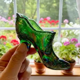 Mosser Hunter Green Bow Slipper Carnival Glass Shoe 4.5” w & 2.5” t