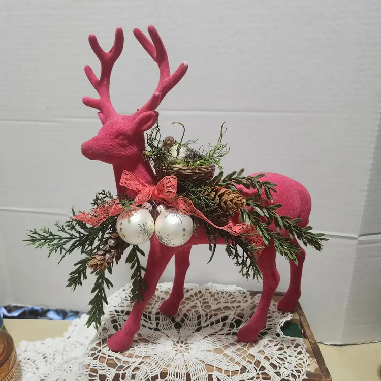 Pink Flocked Woodland Deer