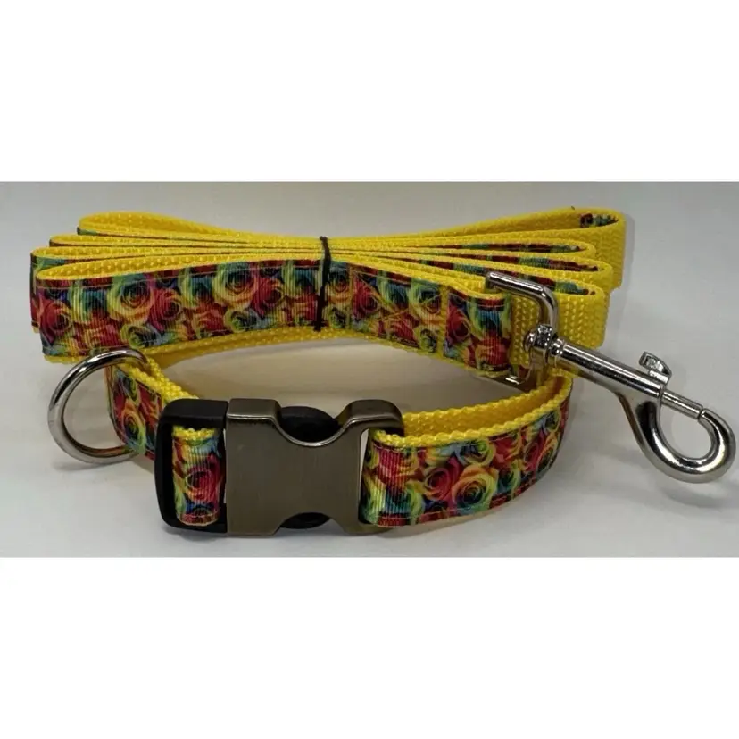 Dog Collar & Leash Yellow & Roses Tye Dye Print Large Handmade Heavy Duty NEW