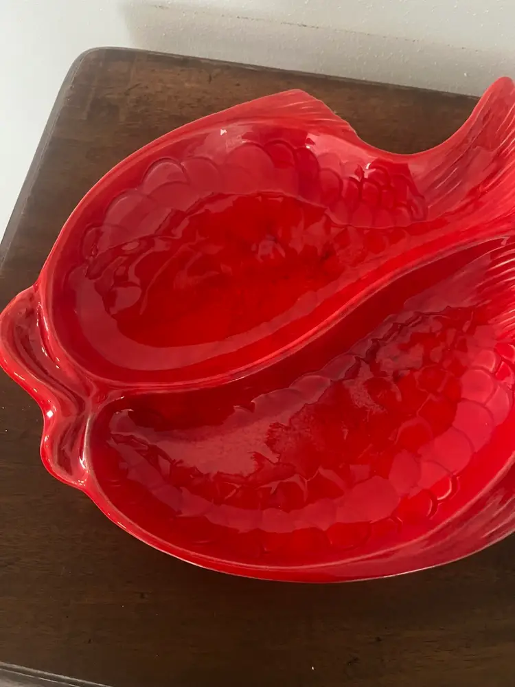 Vintage Big Fish Divided Serving Bowl in Red, California Original Pottery