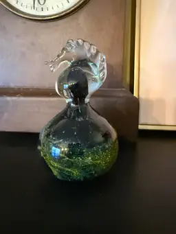 Vintage Art Glass Seahorse Sculpture Paperweight Green and Black Swirl Hand Blown Ocean Decor