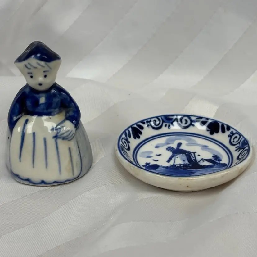 Vintage Delft Maiden Dinner Bell And Miniature Elsva Holland Plate