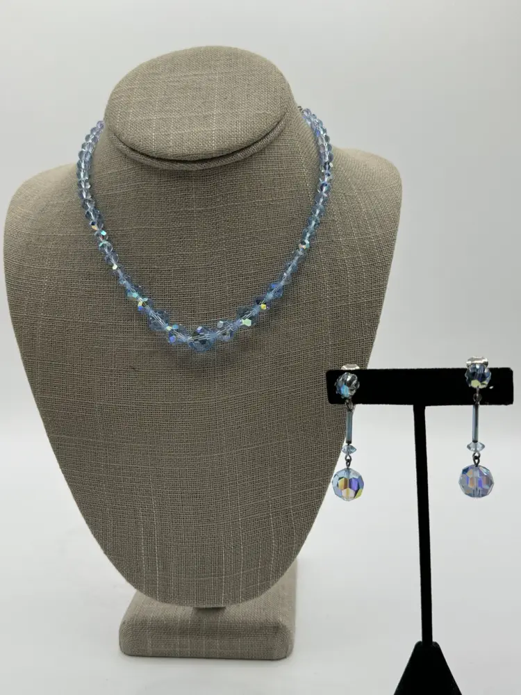 AB Light Blue Glass Beads Necklace And Earrings Set Vintage