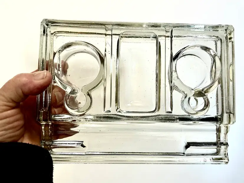 Vintage English Glass Double Inkwell Stand Desk Set Art Deco Desk Accessory