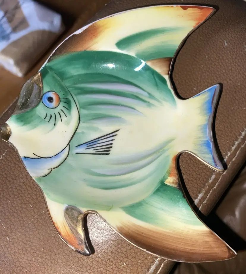 Tropical Angelfish Fish Gold Trimmed Trinket Vanity Dish or Wall Decor Vintage