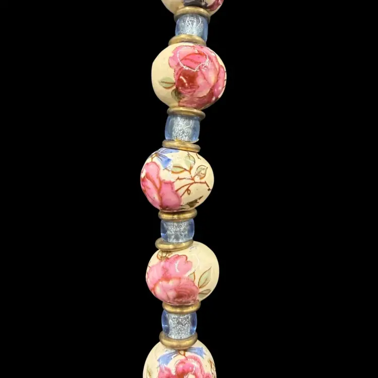 vintage Venetian wedding cake glass bead necklace with pink roses and blue accent