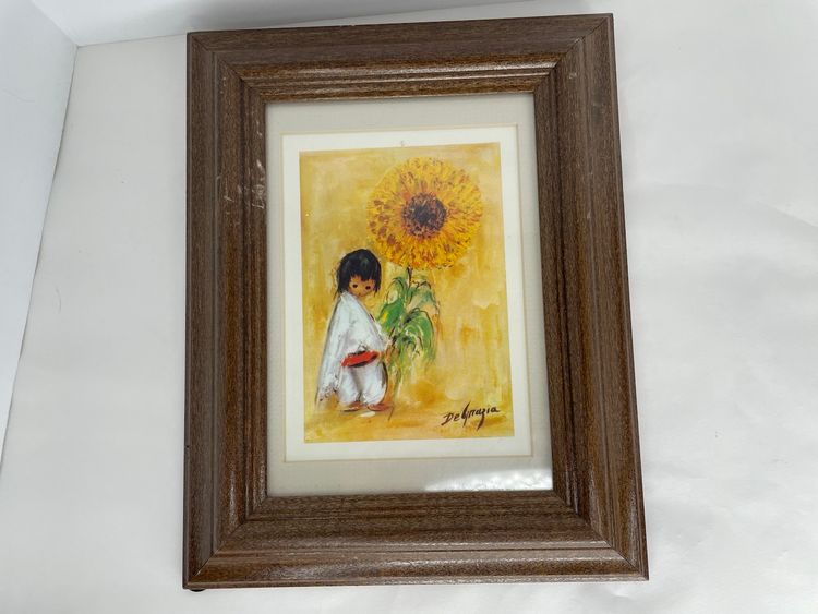 2 Ted DeGrazia Prints Children Sunflower Boy With Rooster Chicken Framed Matted