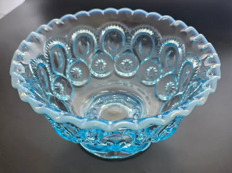 L.E Smith blue opalescent moon and stars footed bowl