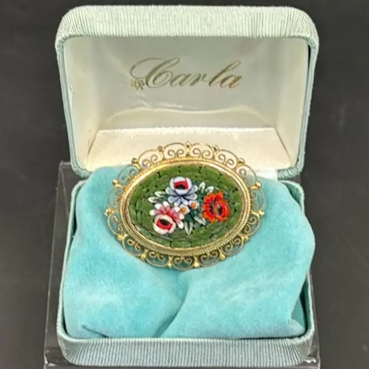 #01 Micro Mosaic Flower Brooch Made In Italy, Has Makers