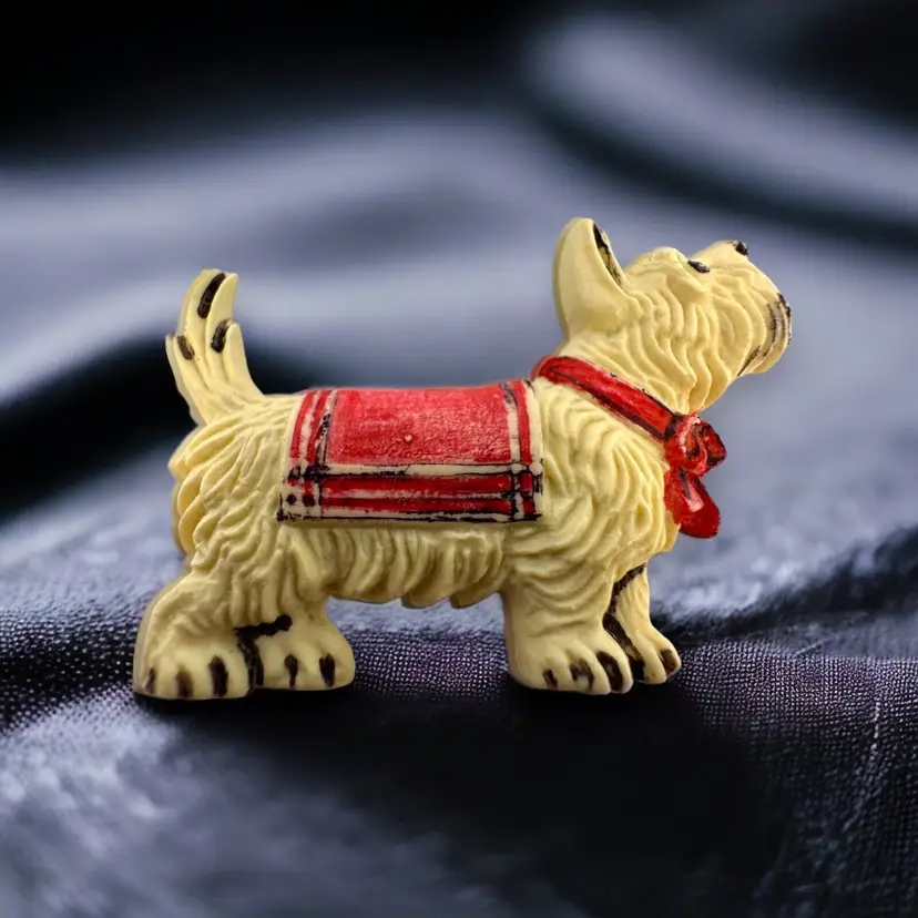 Vintage Westie Scottish Terrier Brooch Pin Celluloid 30s 40s White Dog w/ Scarf