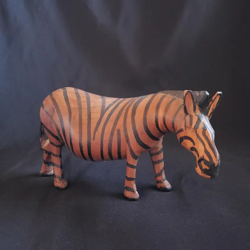 Folk Art Zebra Figurine Wood Hand Carved & Painted Kenya Africa Sculpture 7" Vintage