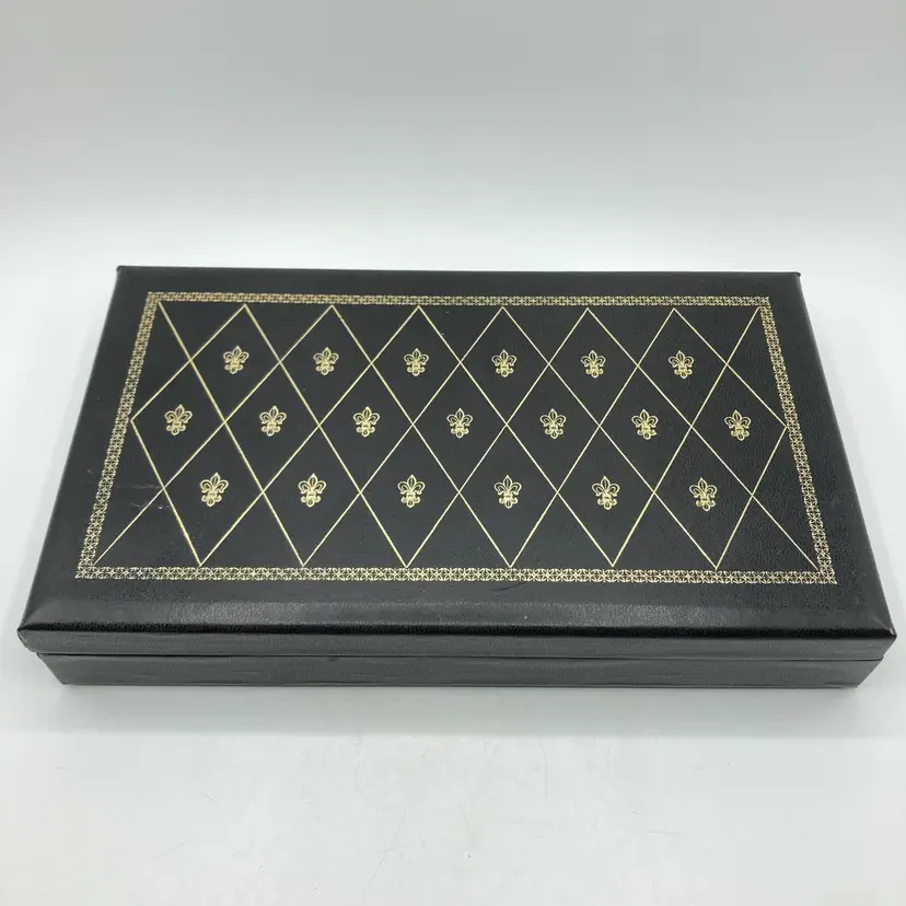 Vintage Sweden Gold Fleur De Lis Black Faux Leather Jewelry Box Valet Red Velvet Lined