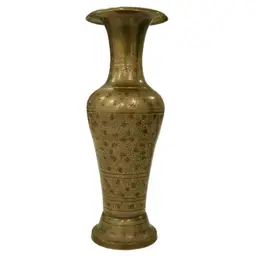 Vintage Brass Decorative Vase Etched and Enameled with Red Flowers