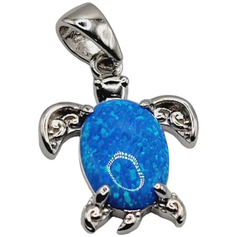 Sterling Silver 925 Blue Synthetic Opal Sea Turtle Pendant