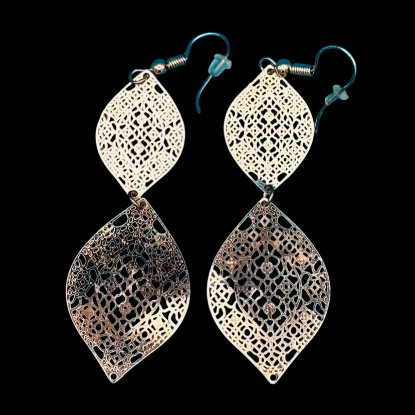 Gold-Tone Double Drop Filigree Leaf Earrings – Lightweight Dangle Design