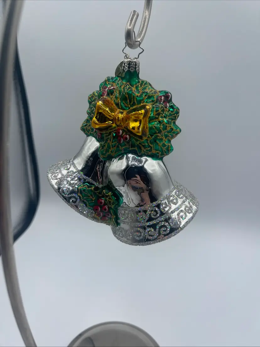 Christopher Radko Silver Bells Holly Ornament With Metal Tag