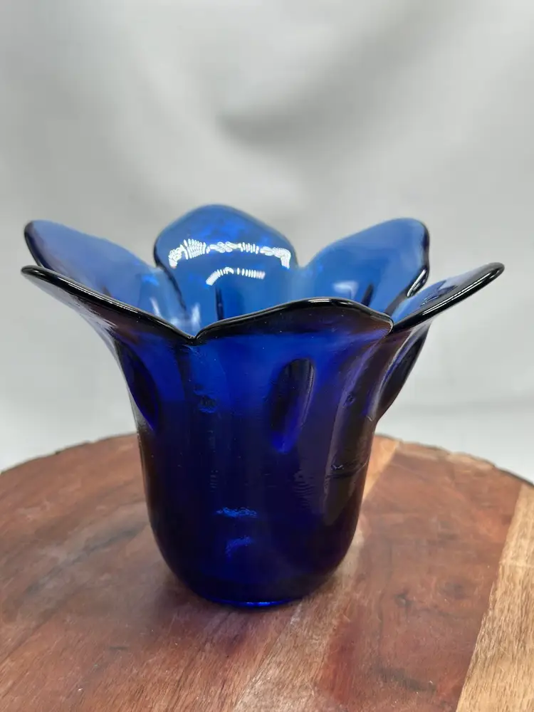 Cobalt Blue Glass 6 Petal Vase Hand Blown Textured