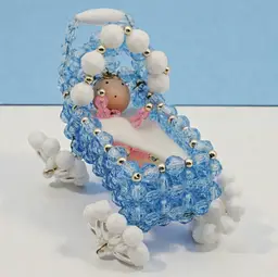 Dollhouse Miniature Cradle Handmade Beaded Blue With Pink Baby Doll Precious