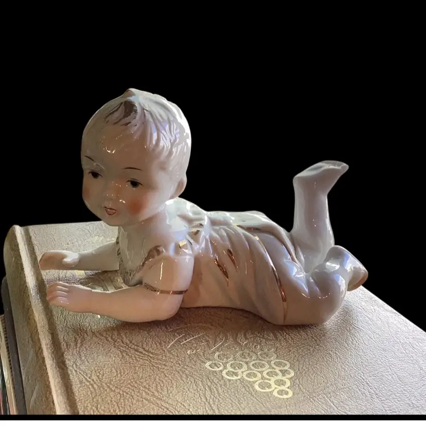 Gorgeous Vintage White And Gold Piano Baby With Rosey Cheeks