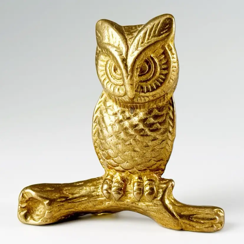 Stylized MCM Small Brass Owl On Branch Figurine, Miniature Metal Bird on Log, Vintage Made in Taiwan