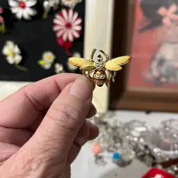Vintage Gold Tone Bee Brooch Rhinestone Enamel Figural Pin