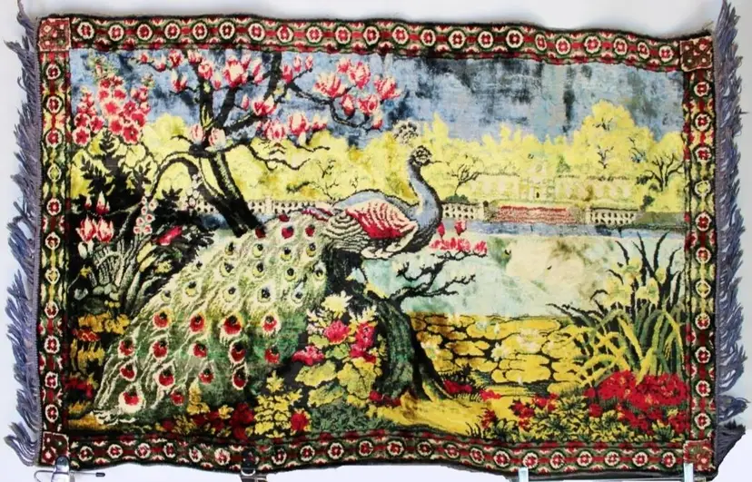 Vtg Velvet Tapestry Peacock Rug Fringe Japanese Cherry Blossom Wall Hanging Decor