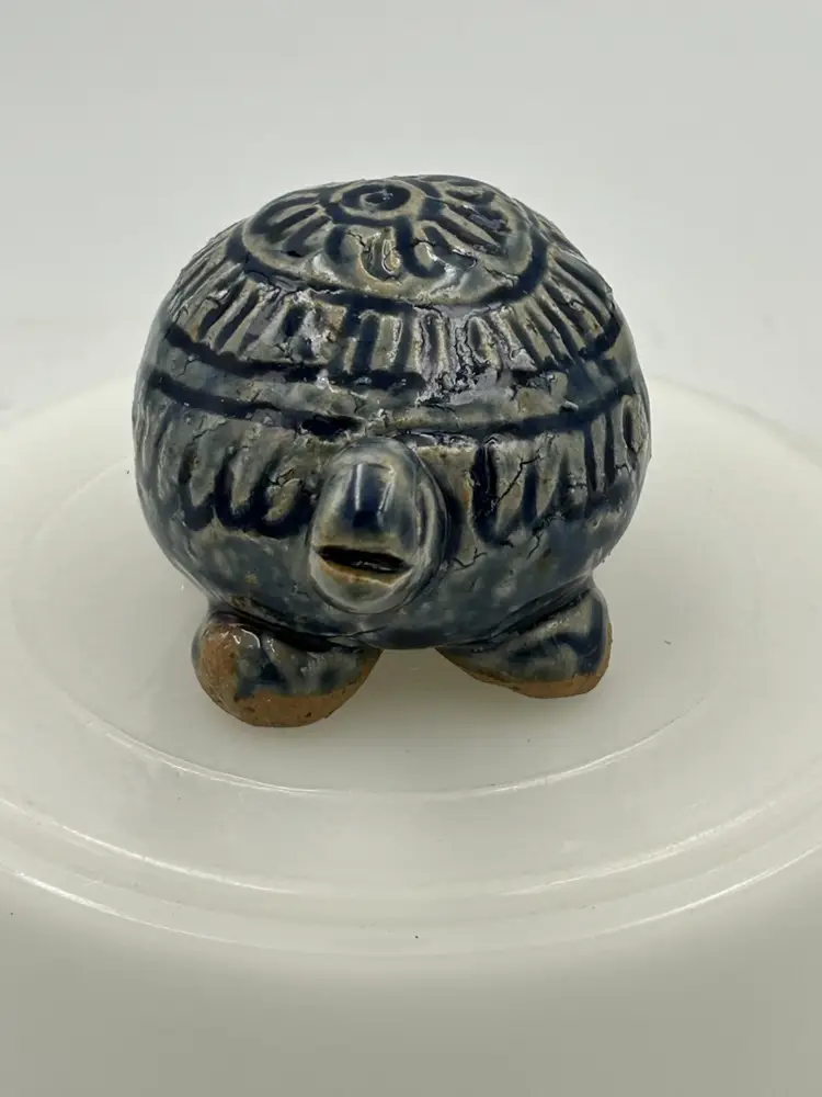 Dark Blue Glazed Studio Pottery Handmade Turtle Figurine