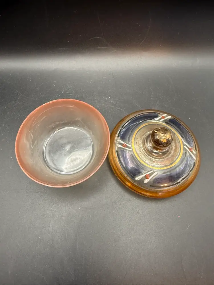 Opalescent Pink Glass Pot With Gold And Blue Decorated Lid