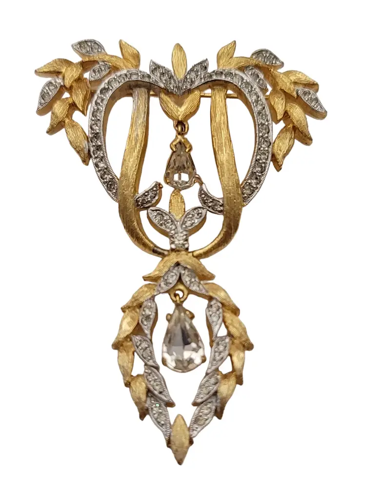 Polcini Gold Tone Clear Rhinestone Hinged Heart Laurel Leaf Dangle Brooch, Signed E622