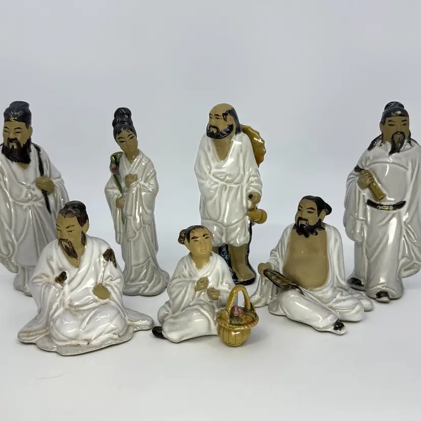 Set Of 7 Vintage Chinese Ceramic Shiwan Mudman Scholars Figurines