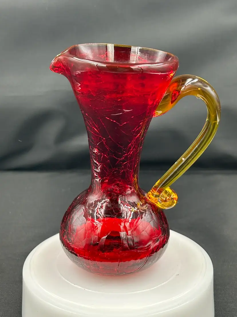 Vintage Hand Blown Red Cracker Glass Pitcher Glow Orange