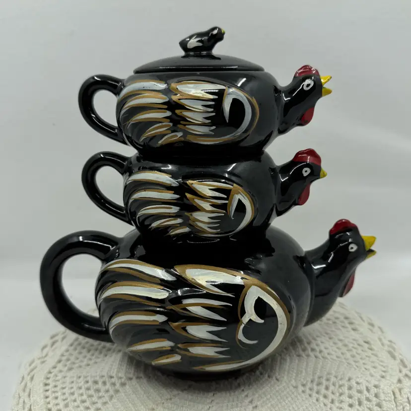Vintage black ceramic stacking rooster teapot set made in Japan.