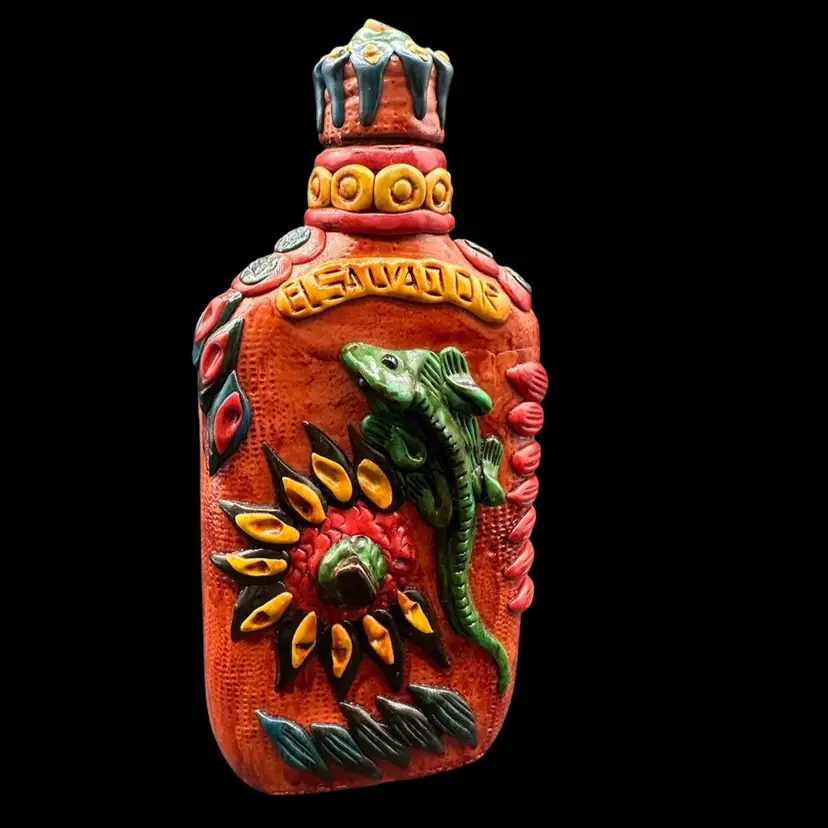Vintage Green Lizard Bold Flower El Salvador Clay & Stone Display Bottle