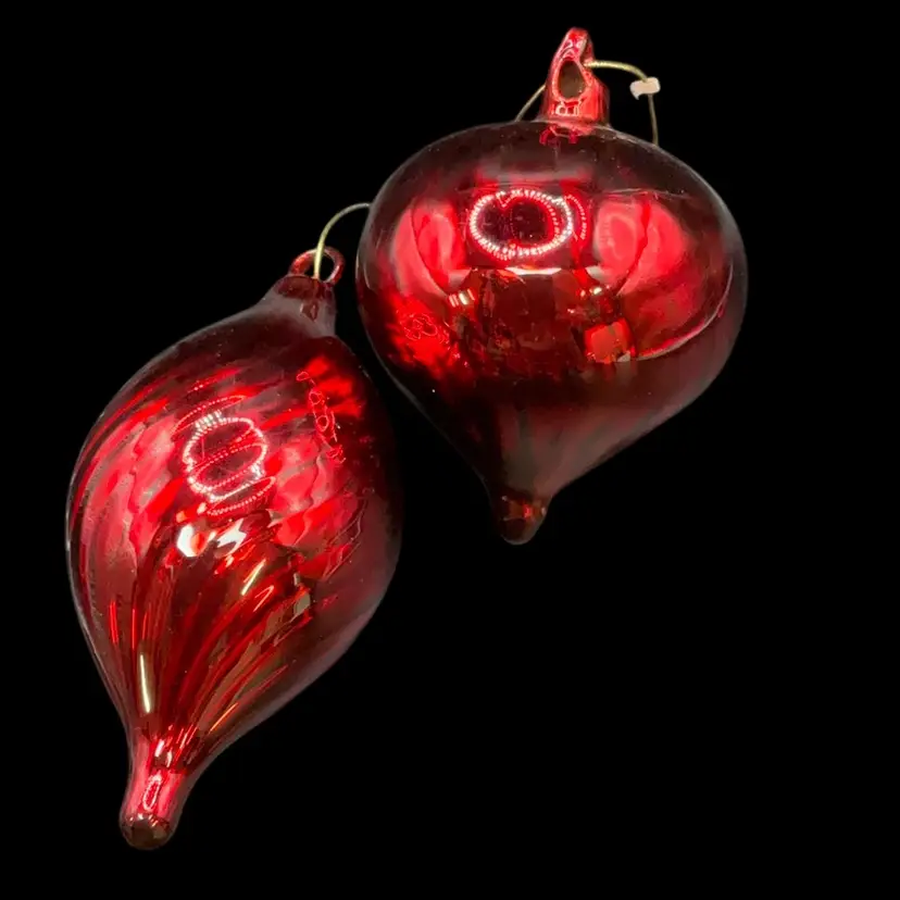 Restoration Hardware Hand blown Ruby Red Glass Ornaments Lot Of (2) Ornament 6” & 4”