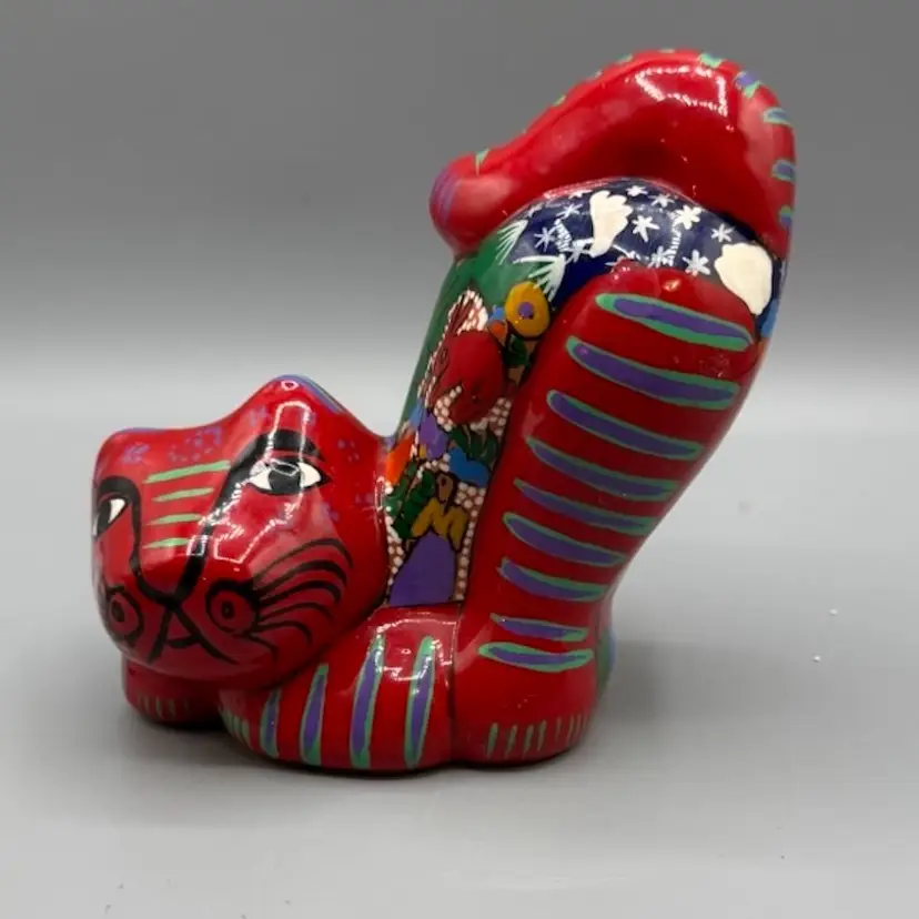 Vintage Hand-Painted Mexican Talavera Pottery Cat Coin Bank - Red Floral Folk Art 6”x 4”
