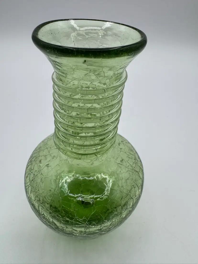 Vintage Lt Green Hand Blown Crackle Art Glass Small Vase