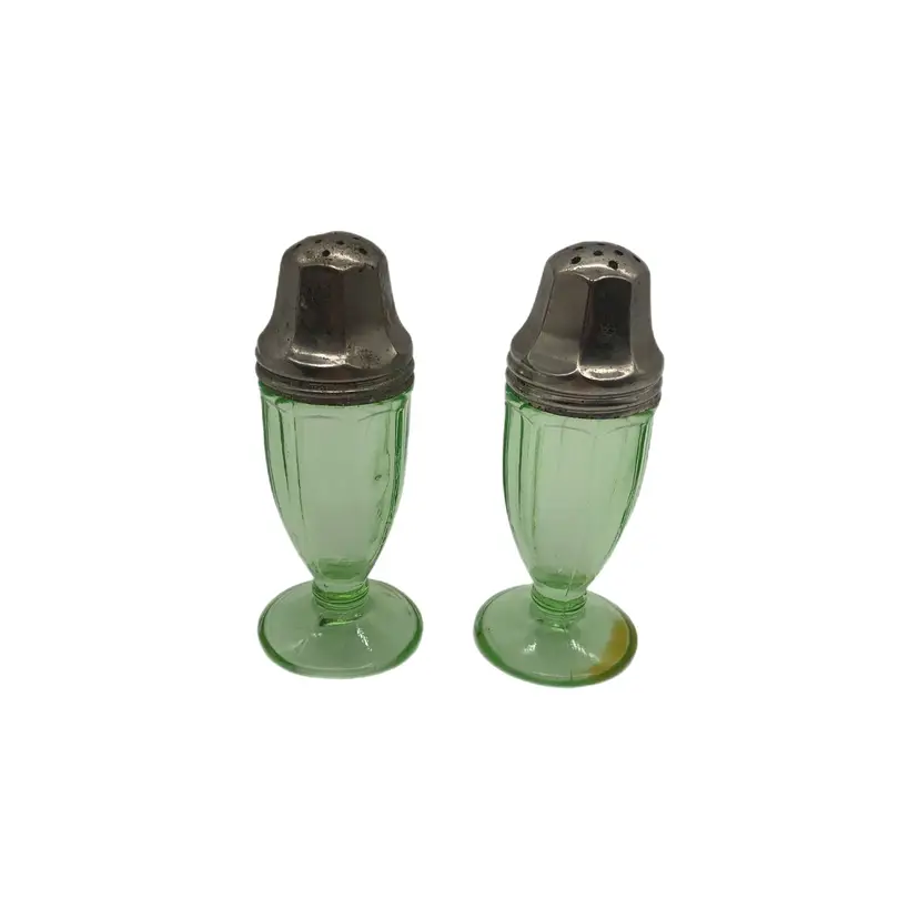 Hazel-Atlas S &P Uranium Glass Green Salt Pepper Shakers Pedestal 1930's Glows