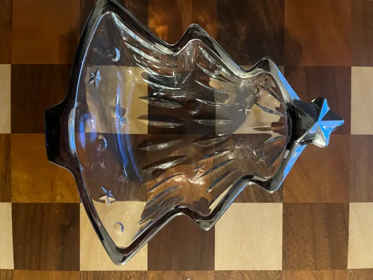 Studio Nova clear glass Christmas tree candy dish with silver trim. 6”
