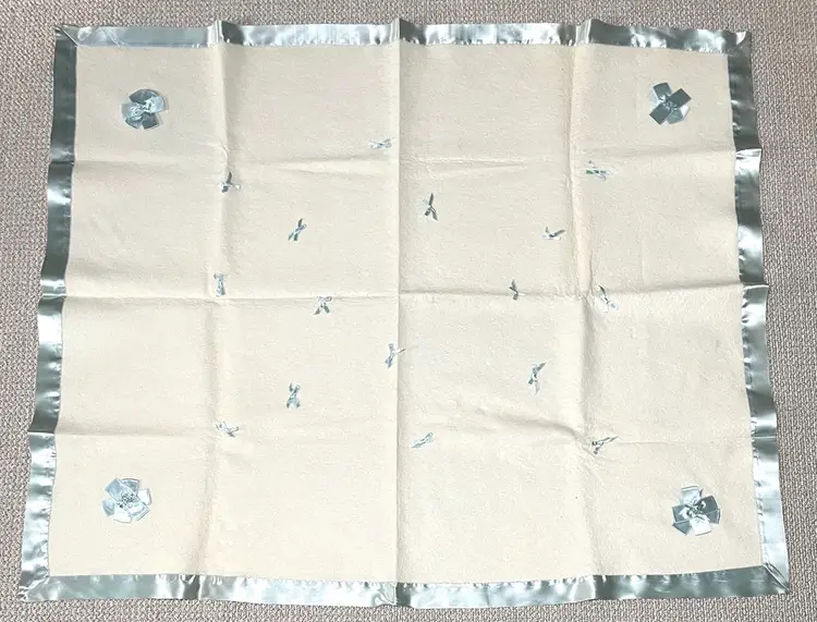 Baby Boy Receiving Blanket with Blue Satin Bows and Trim 44" x 37" VINTAGE RARE