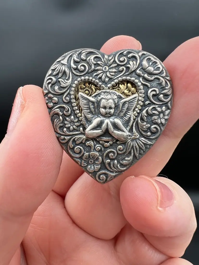 Two Toned Heart And Cherub Brooch