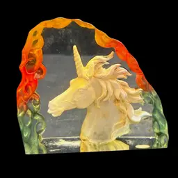 Beautiful Vintage Multicolor Ombré Lucite Paperweight With A Reverse Carved/Laser Cut Unicorn Head
