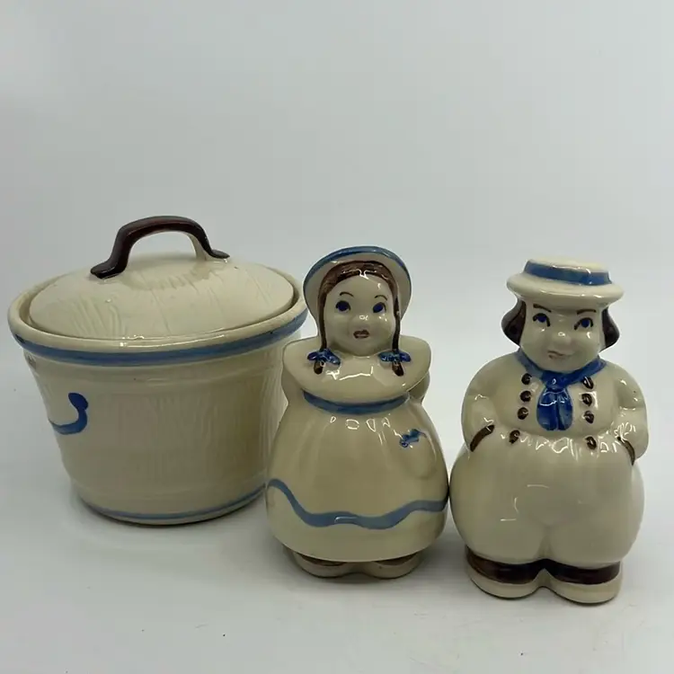 Vintage Original Shawnee Pottery Dutch Boy Girl Large 5" Salt & Pepper Set With Lidded Butter Crock Grease Bowl 5.5”