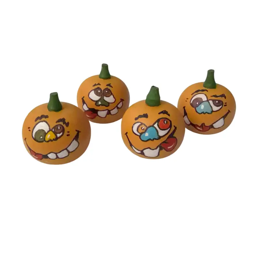 Hand-painted Wooden Set of 4 Anthropomorphic Pumpkins One is Signed RM Black