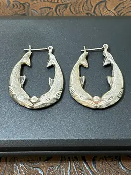 Sterling Silver Kissing Dolphin Hoop Earrings 1.25” Double Sided 7.07 Grams